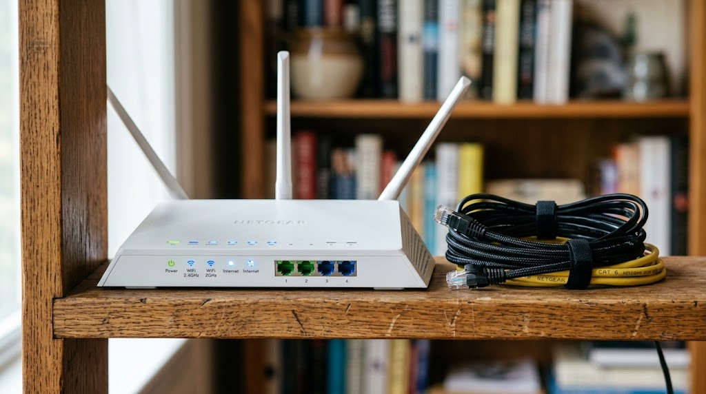 Bộ phát wifi màu trắng với đèn báo xanh đặt trên kệ gỗ cạnh dây mạng