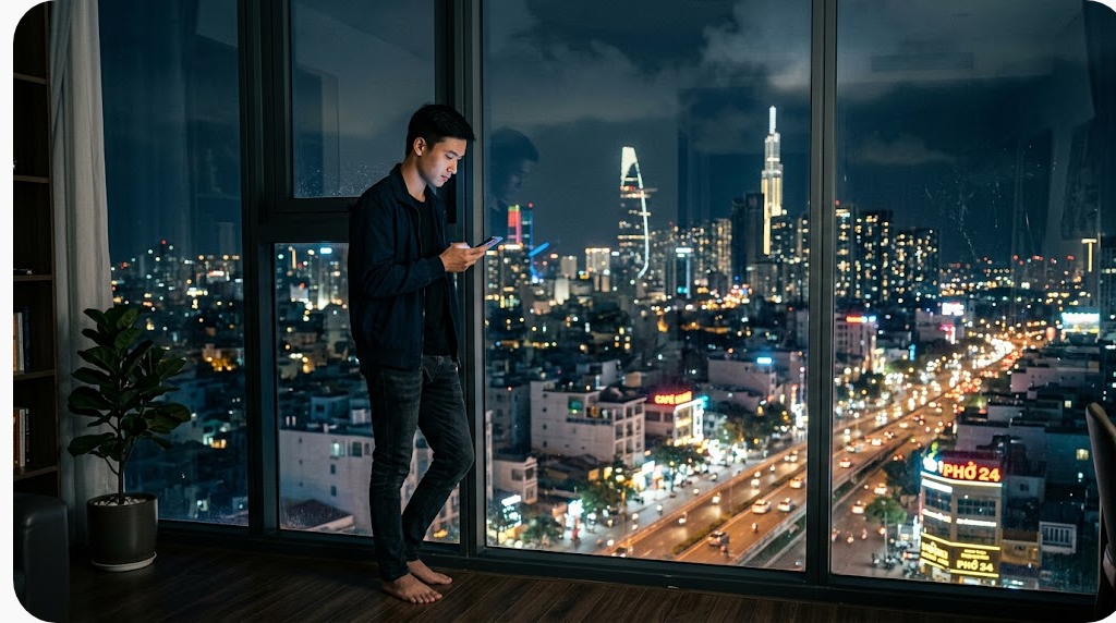 Chàng trai đứng bên cửa sổ căn hộ ban đêm cầm điện thoại nhìn ra thành phố