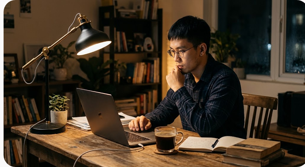 Người đàn ông ngồi bàn gỗ ban đêm chăm chú đọc màn hình máy tính xách tay