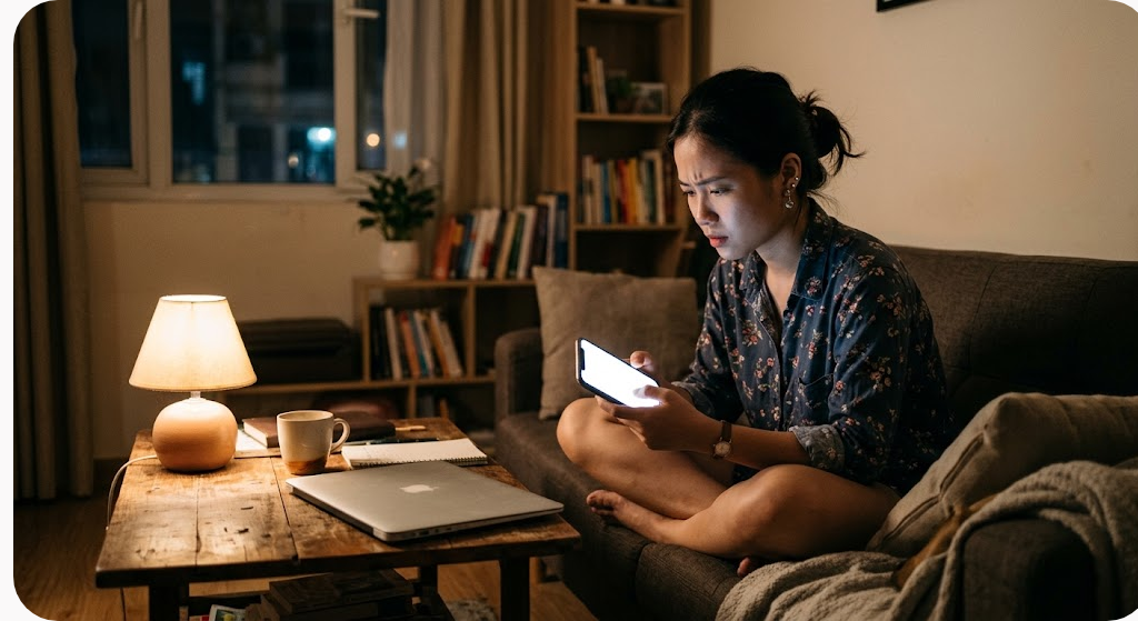 Cô gái trẻ ngồi trên ghế sofa buổi tối, nhíu mày nhìn màn hình điện thoại
