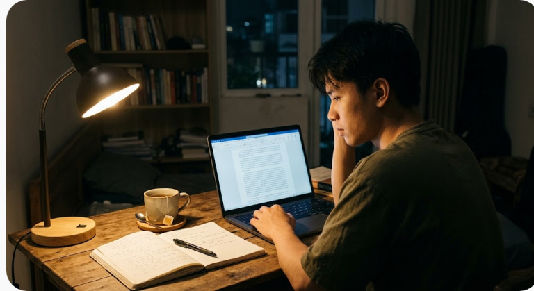 Người đàn ông ngồi bàn gỗ đọc kỹ tài liệu trên màn hình laptop buổi tối