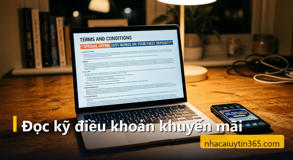Màn hình laptop mở trang điều khoản khuyến mãi dài bên cạnh điện thoại hiển thị thẻ ưu đãi thưởng nạp