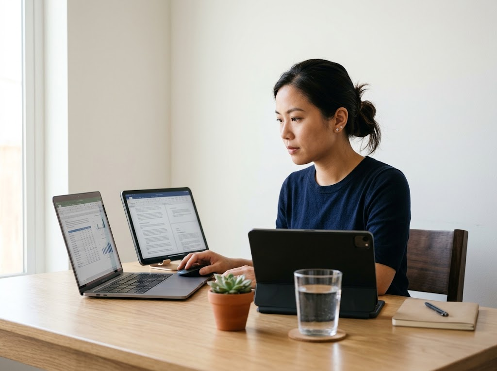 Người phụ nữ đối chiếu tiêu chí nhà cái uy tín trên laptop và máy tính bảng