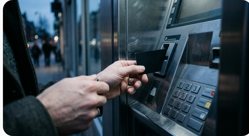 Bàn tay đưa thẻ ngân hàng không nhãn vào khe máy ATM bằng thép lúc chiều muộn
