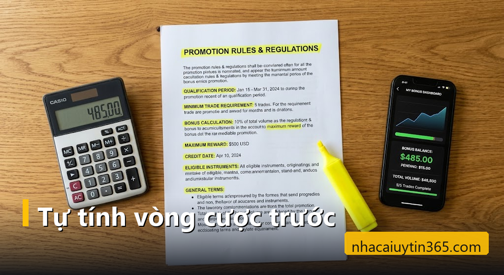 Bản in quy định khuyến mãi được tô bút dạ vàng, bên cạnh là máy tính cầm tay đang hiện một con số