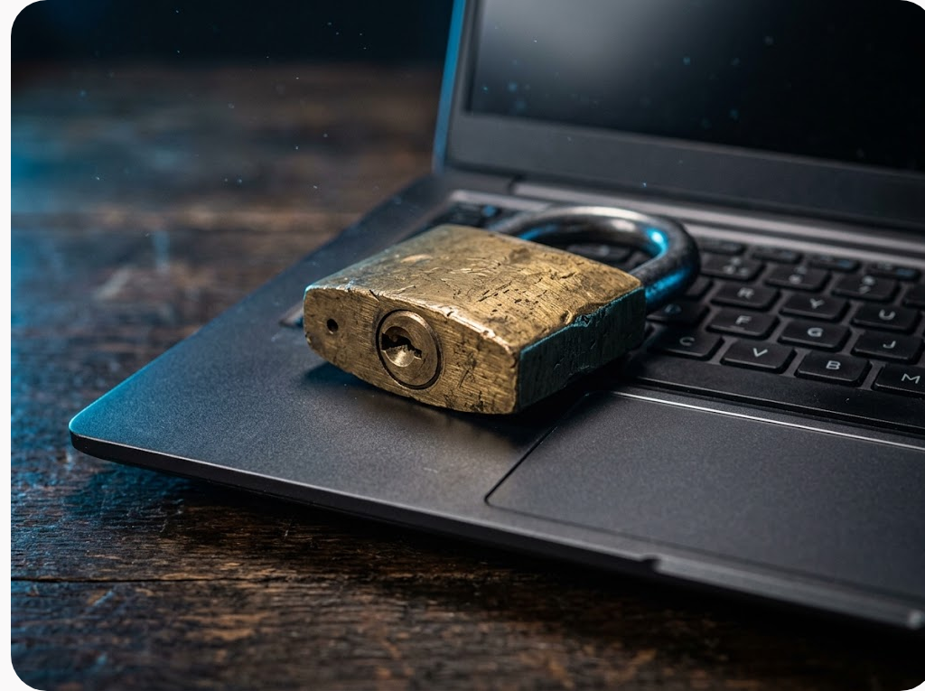 Ổ khoá đồng cũ đặt trên bàn phím laptop giữa mặt bàn gỗ tối