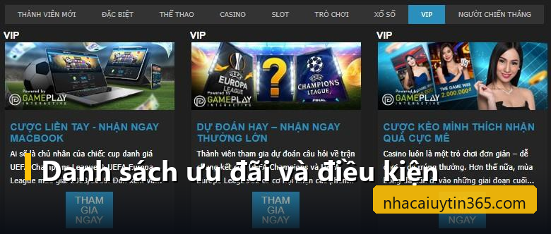 Trang khuyến mãi nhà cái liệt kê nhiều thẻ ưu đãi VIP kèm mô tả điều kiện tham gia