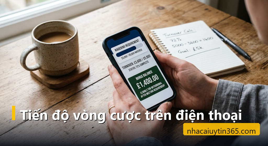 Bàn tay cầm điện thoại hiển thị thanh tiến độ vòng cược cùng số dư thưởng bên dưới