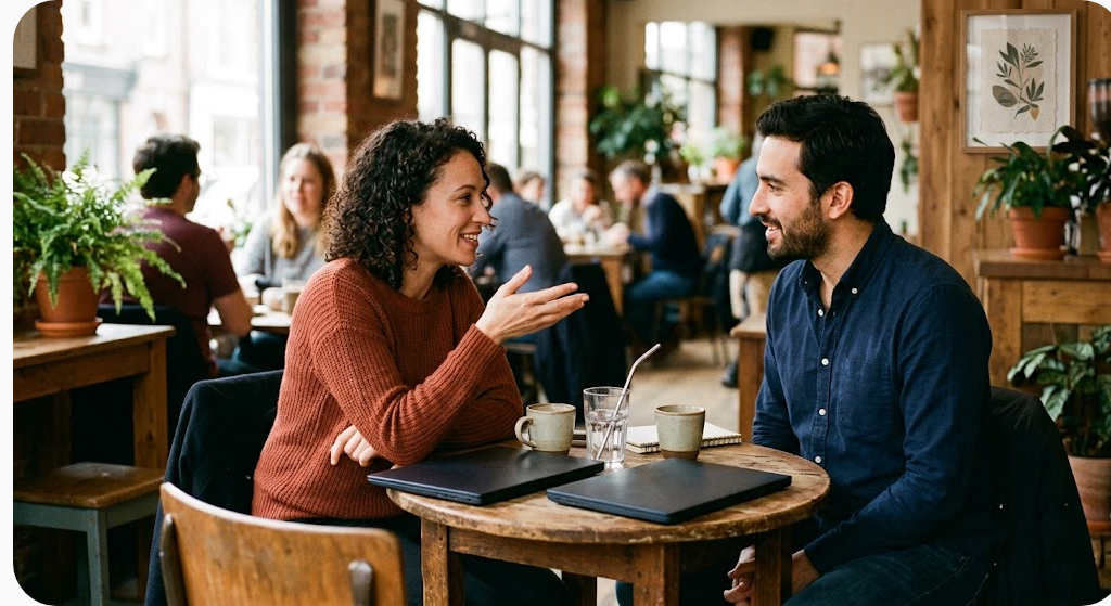 Hai người trò chuyện đối diện trong quán cà phê sáng, một người đang giải thích bằng tay
