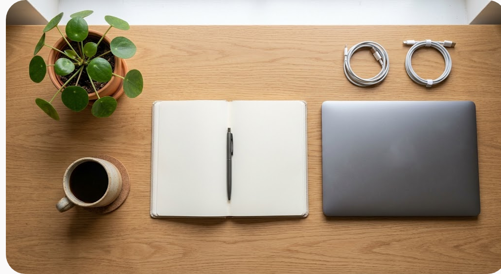 Bàn làm việc gọn gàng với sổ tay mở, bút, laptop đóng và cây xanh nhỏ