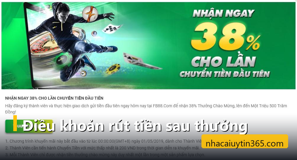 Trang chi tiết khuyến mãi thưởng nạp lần đầu kèm danh sách điều khoản đánh số bên dưới