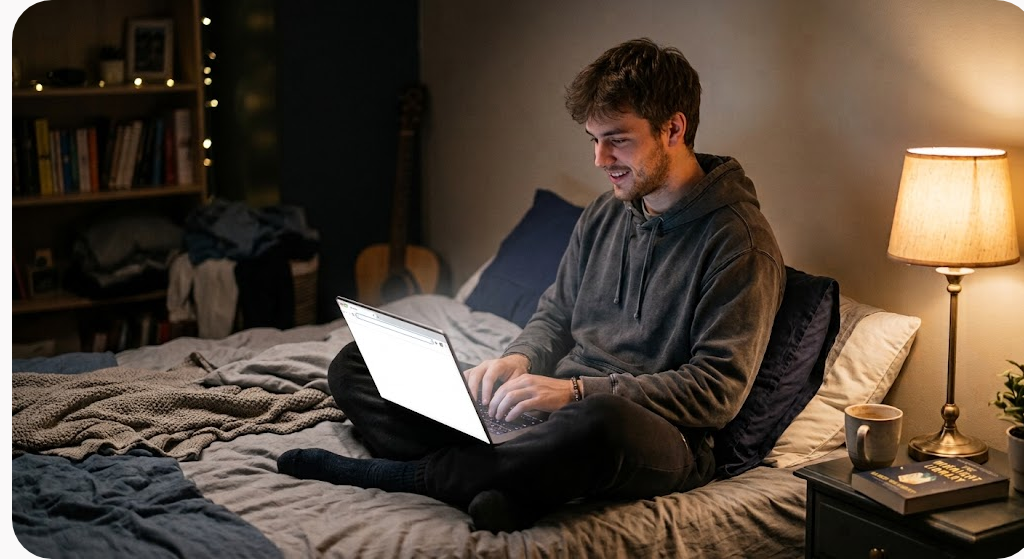 Chàng trai ngồi trên giường buổi tối dùng laptop dưới ánh đèn ngủ ấm áp