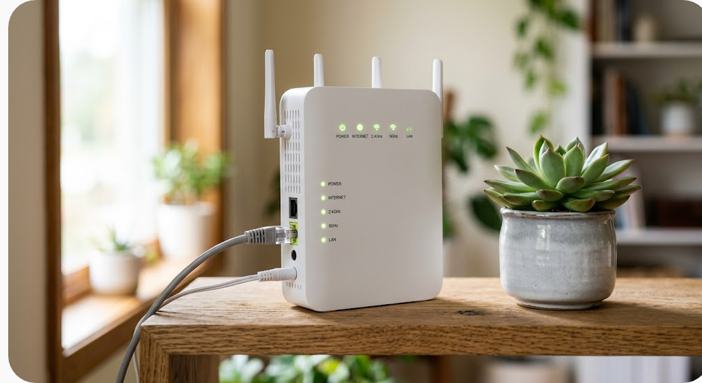 Bộ phát wifi trắng bốn ăng ten đặt trên bàn gỗ cạnh chậu cây mọng nước