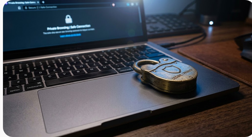 Ổ khoá bằng đồng đặt trên bàn di chuột của laptop đang sáng màn hình trong phòng tối