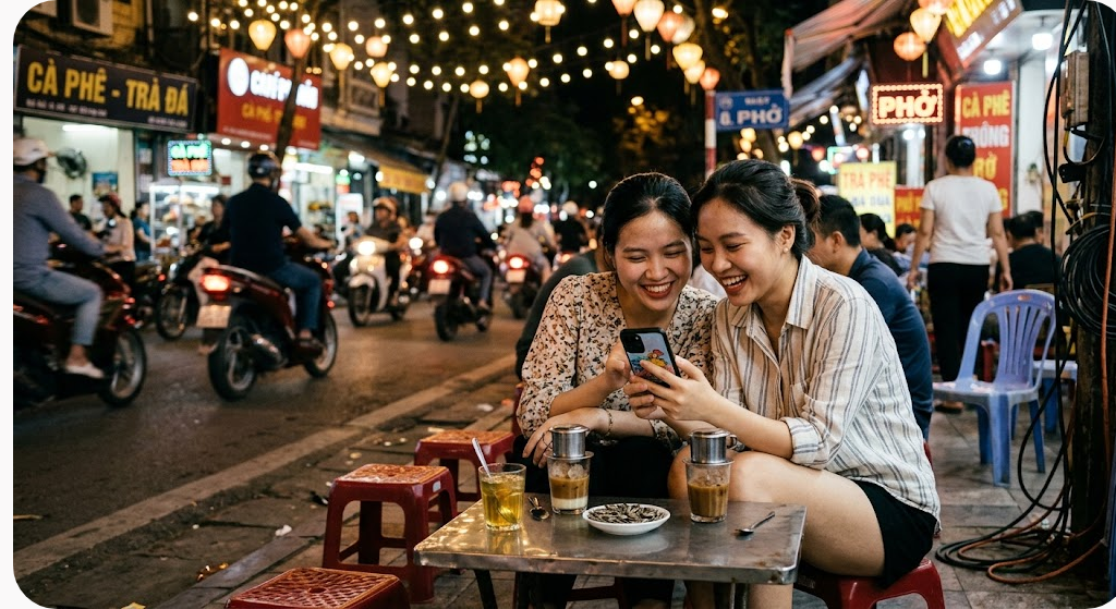 Hai người bạn ngồi quán vỉa hè buổi tối cùng xem chung một chiếc điện thoại