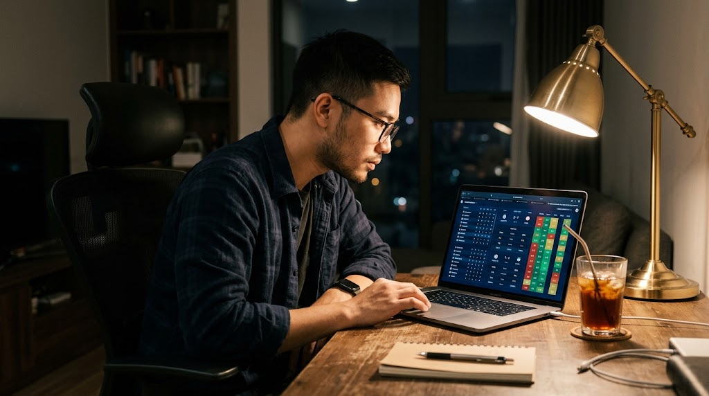 Người đàn ông ngồi bàn gỗ xem bảng số liệu bóng đá trên laptop buổi tối