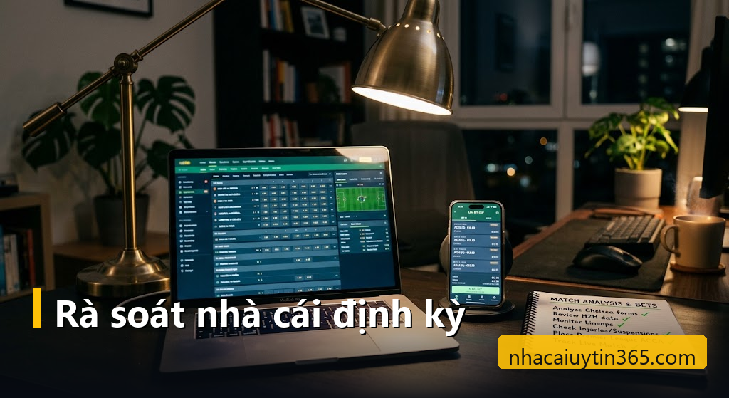 Bàn làm việc với laptop hiện bảng kèo bóng đá và danh sách kiểm tra nhà cái