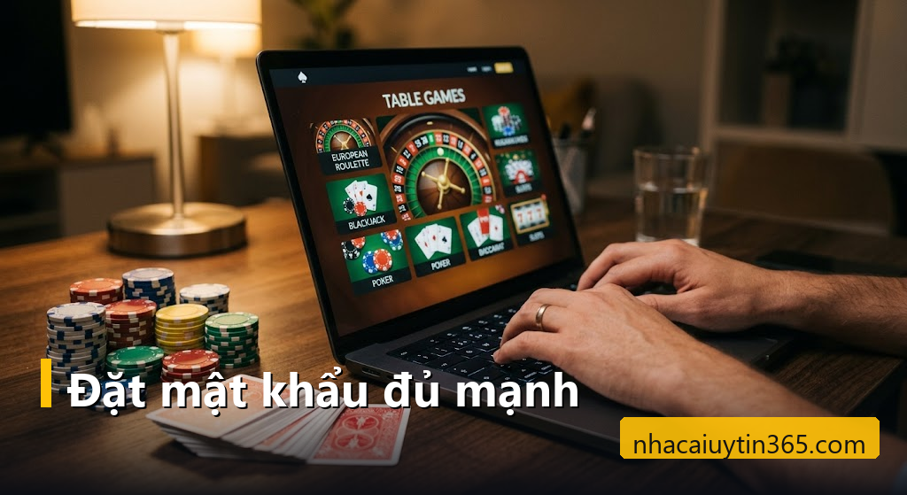 Gõ mật khẩu mạnh để bảo mật tài khoản cá cược trên laptop đang mở sảnh casino