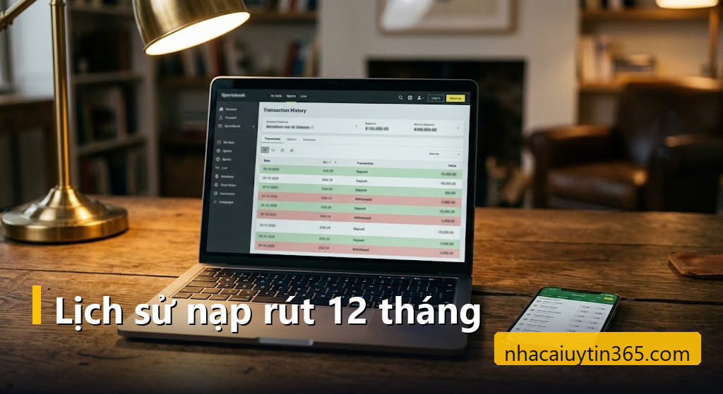 Laptop mở bảng lịch sử giao dịch nạp rút trong tài khoản nhà cái, điện thoại hiện kèo bóng đá