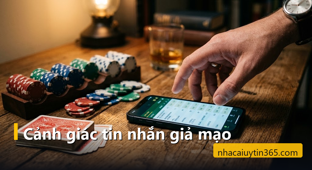 Bàn tay chạm vào điện thoại hiện danh sách trận và tỷ lệ kèo cạnh chip, lá bài