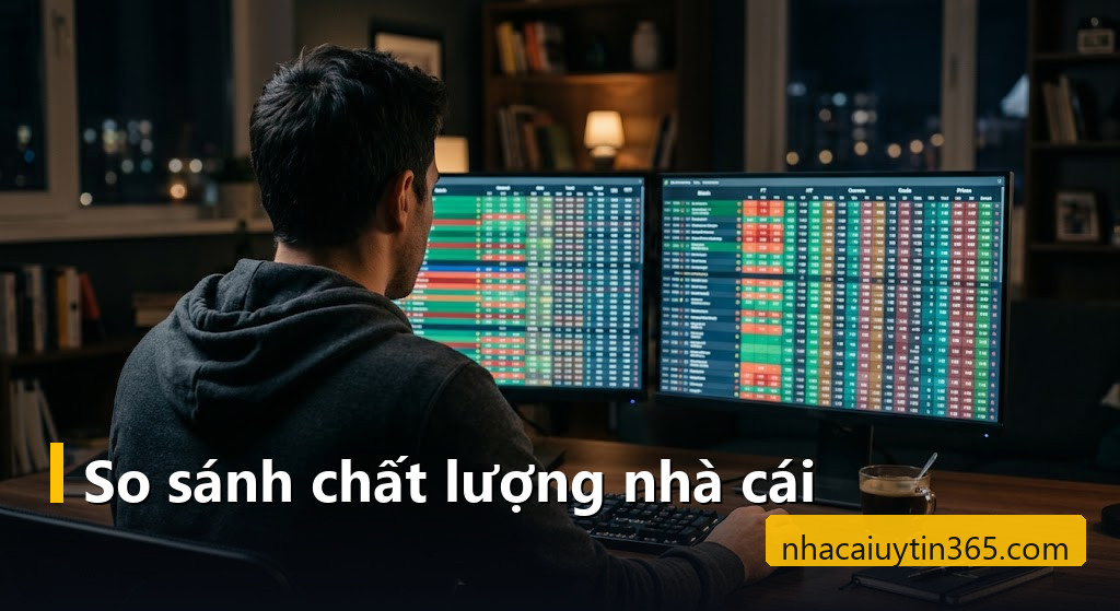 Người chơi so sánh hai bảng tỷ lệ kèo bóng đá trên hai màn hình máy tính