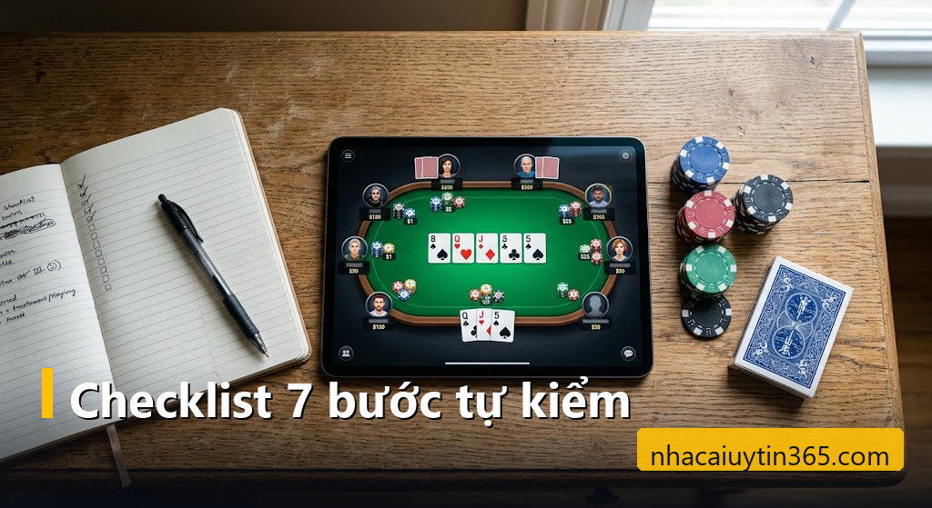 Sổ checklist bảo mật tài khoản cá cược đặt cạnh máy tính bảng và chip casino