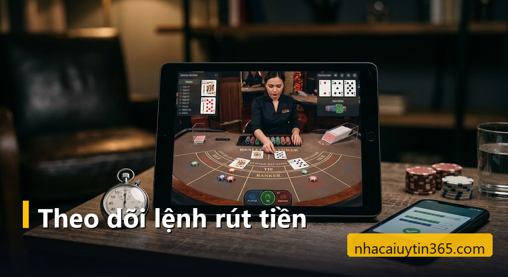 Bàn baccarat trực tuyến trên máy tính bảng cạnh điện thoại hiện tiến trình rút tiền